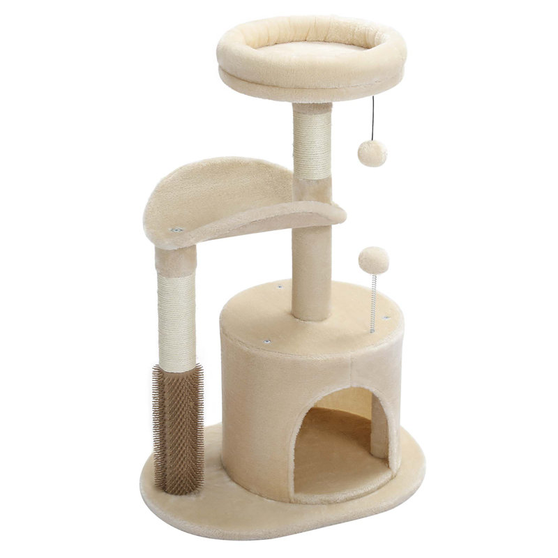 Indoor Cat Tree Medium Cat Tower with Interactive Cat Toy Condo with Self Groomer Brush Scratching Post Dangling Balls George Oliver Color Beige